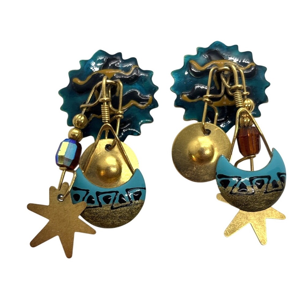 Vintage Lunch at the Ritz Gold Tone Enamel‎ Southwestern Dangle Pierced Earrings